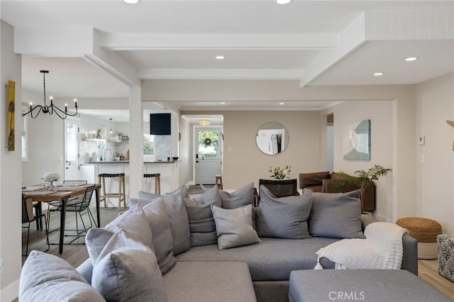 19125 Anza Ave, Torrance, CA 90503 - living room featuring beam ceiling, wood finished floors, recessed lighting, and a chandelier