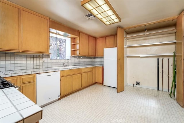 1510 E 53rd St, Long Beach, CA 90805 - kitchen featuring white appliances, tile countertops, open shelves, and decorative backsplash