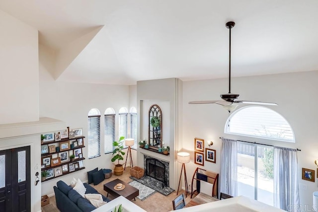 25322 Poderio Dr, Ramona, CA 92065 - living area with ceiling fan and a high end fireplace