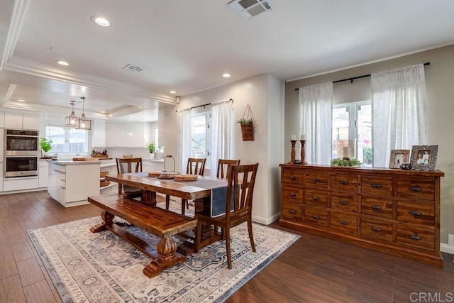 25322 Poderio Dr, Ramona, CA 92065 - dining area featuring crown molding, dark wood-style floors, and recessed lighting