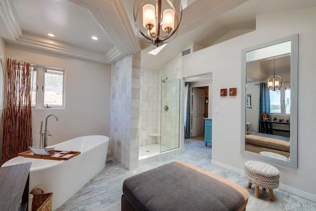 25322 Poderio Dr, Ramona, CA 92065 - bathroom featuring a freestanding tub, a stall shower, plenty of natural light, recessed lighting, and a chandelier