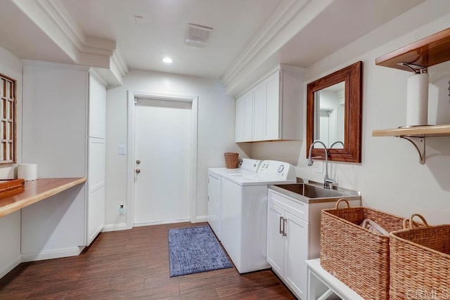 25322 Poderio Dr, Ramona, CA 92065 - washroom with independent washer and dryer, cabinet space, dark wood-type flooring, and recessed lighting