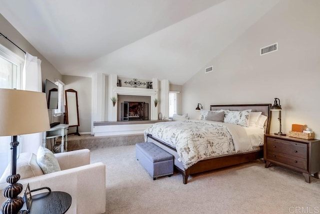 25322 Poderio Dr, Ramona, CA 92065 - bedroom featuring carpet floors, a fireplace with raised hearth, and vaulted ceiling