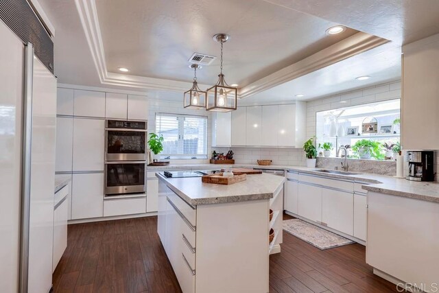 25322 Poderio Dr, Ramona, CA 92065 - kitchen featuring white built in fridge, stainless steel double oven, a tray ceiling, white cabinetry, and dark wood finished floors