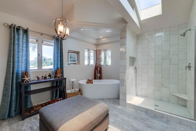 25322 Poderio Dr, Ramona, CA 92065 - full bath featuring tiled shower, a freestanding bath, a chandelier, recessed lighting, and ornamental molding