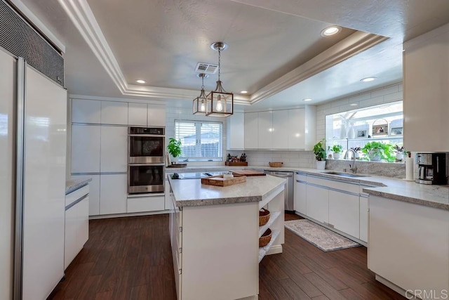 25322 Poderio Dr, Ramona, CA 92065 - kitchen with stainless steel appliances, a raised ceiling, white cabinetry, tasteful backsplash, and dark wood-type flooring