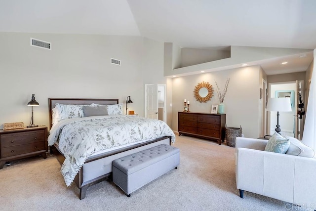 25322 Poderio Dr, Ramona, CA 92065 - bedroom with light carpet, recessed lighting, and high vaulted ceiling