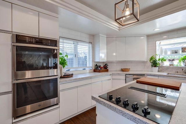 25322 Poderio Dr, Ramona, CA 92065 - kitchen featuring appliances with stainless steel finishes, backsplash, white cabinetry, a raised ceiling, and dark wood-style flooring