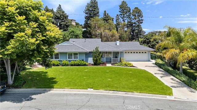 9858 Cullman Ave, Whittier, CA 90603 - ranch-style home featuring a garage, a front yard, concrete driveway, and covered porch