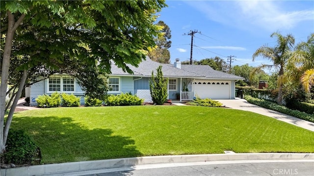 9858 Cullman Ave, Whittier, CA 90603 - ranch-style house with an attached garage, driveway, a front lawn, and a chimney