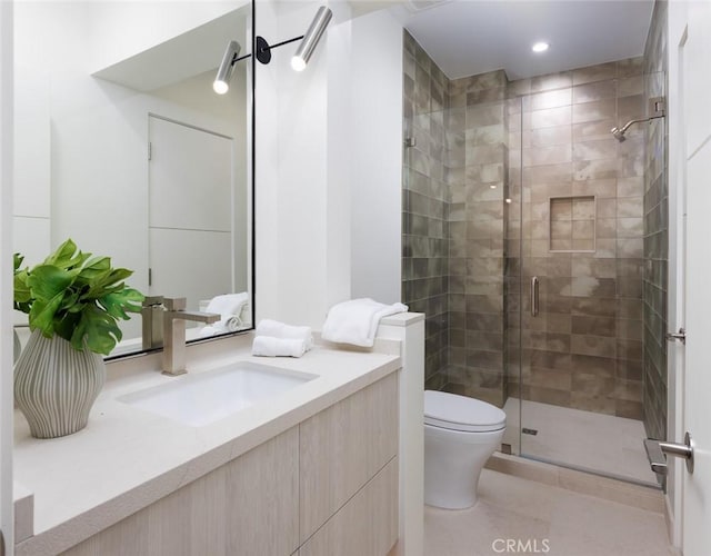 1105 Skyline Dr, Laguna Beach, CA 92651 - bathroom featuring a shower stall, vanity, tile patterned flooring, and recessed lighting