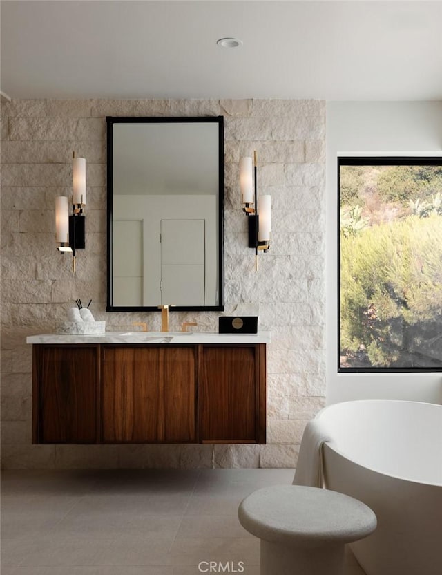 1105 Skyline Dr, Laguna Beach, CA 92651 - bathroom featuring vanity, a freestanding bath, and tile patterned floors