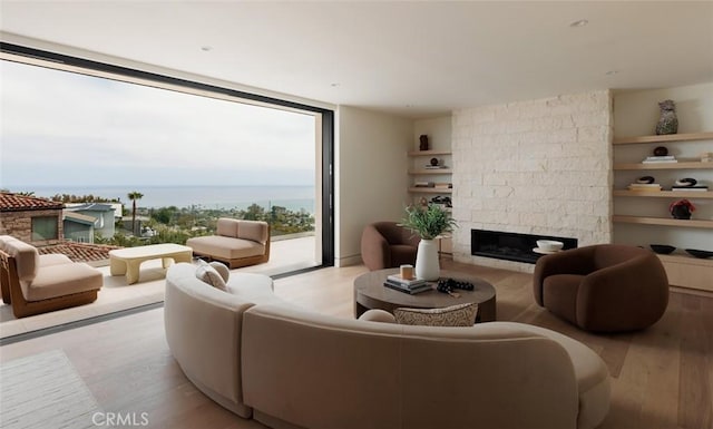 1105 Skyline Dr, Laguna Beach, CA 92651 - living area with light wood-style flooring, a stone fireplace, a wall of windows, and built in shelves