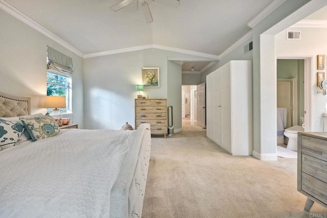 6707 Ketch Way, Carlsbad, CA 92011 - bedroom with ornamental molding, light colored carpet, ceiling fan, and ensuite bathroom