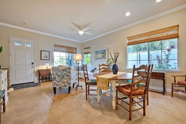 6707 Ketch Way, Carlsbad, CA 92011 - dining room with ceiling fan, crown molding, light tile patterned flooring, and recessed lighting