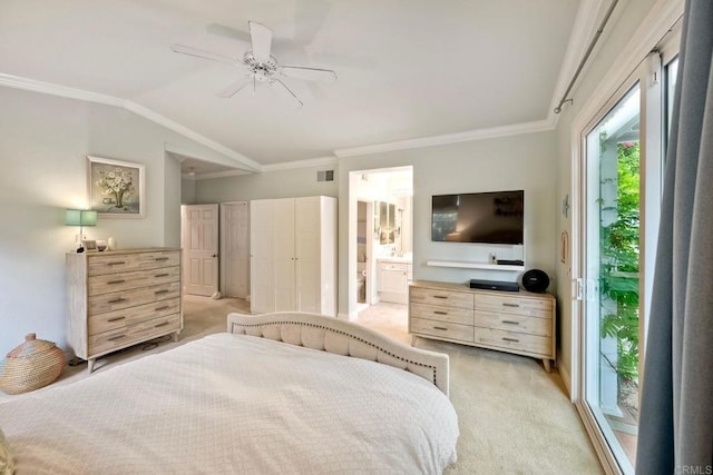 6707 Ketch Way, Carlsbad, CA 92011 - bedroom with ornamental molding, light colored carpet, vaulted ceiling, ensuite bath, and a ceiling fan