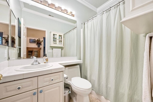 6707 Ketch Way, Carlsbad, CA 92011 - bathroom with ornamental molding, vanity, tile patterned flooring, and a shower with curtain