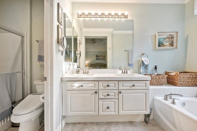 6707 Ketch Way, Carlsbad, CA 92011 - bathroom with a garden tub, double vanity, crown molding, a shower stall, and ceiling fan