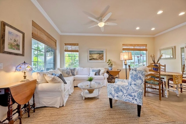 6707 Ketch Way, Carlsbad, CA 92011 - living room featuring ornamental molding, a ceiling fan, and recessed lighting
