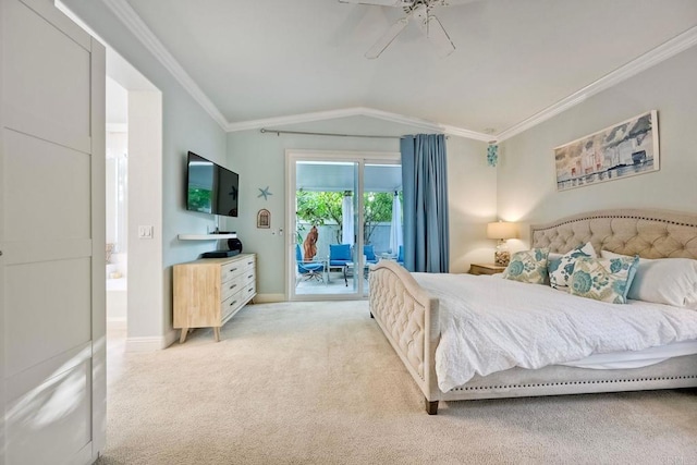 6707 Ketch Way, Carlsbad, CA 92011 - bedroom featuring access to exterior, carpet floors, ornamental molding, vaulted ceiling, and ceiling fan