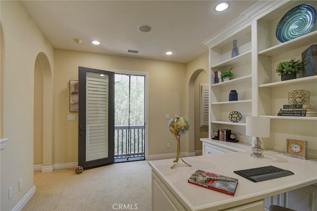 62 Gentry, Irvine, CA 92620 - home office featuring arched walkways, light colored carpet, and recessed lighting