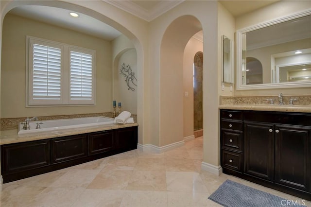 62 Gentry, Irvine, CA 92620 - full bath with vanity, ornamental molding, and a bath