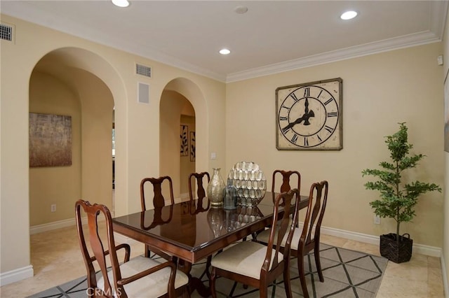 62 Gentry, Irvine, CA 92620 - dining room with recessed lighting, crown molding, and arched walkways
