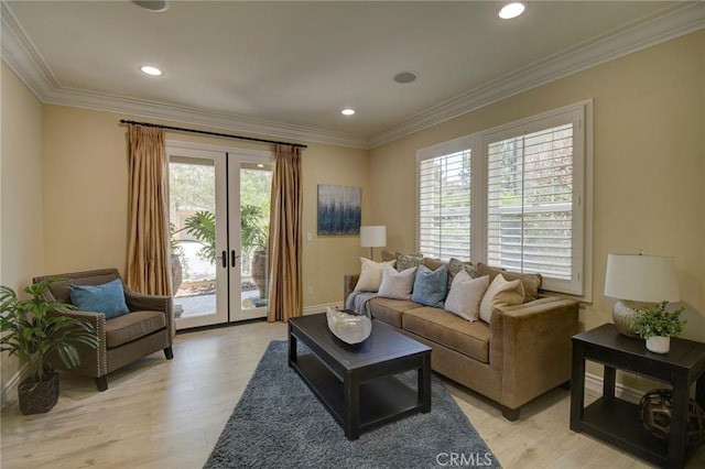 62 Gentry, Irvine, CA 92620 - living room with healthy amount of natural light, french doors, light wood-style floors, crown molding, and recessed lighting