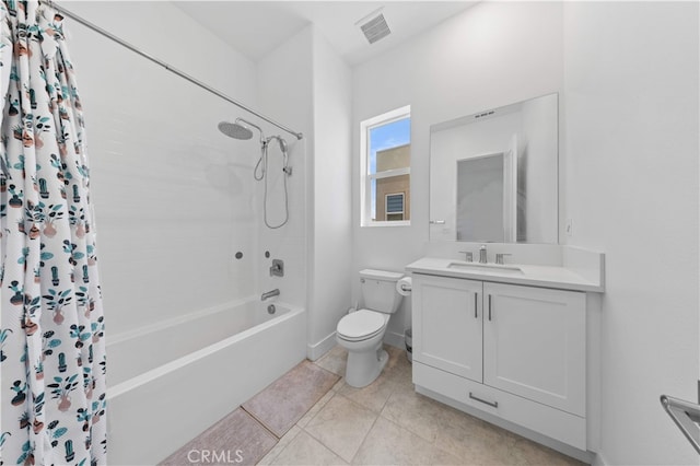 27216 W Coyote Bush Ct, Valencia, CA 91355 - bathroom featuring shower / bath combo with shower curtain, vanity, and tile patterned floors