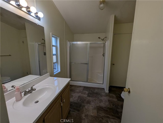 16121 Golf Rd, Cobb, CA 95426 - full bathroom featuring a shower stall, vanity, and stone finish floors