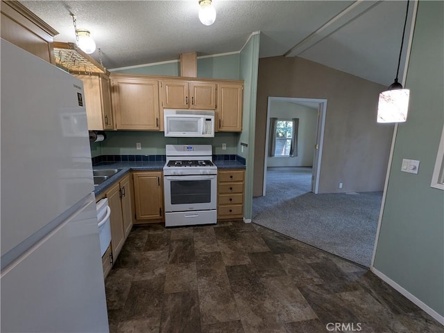 16121 Golf Rd, Cobb, CA 95426 - kitchen featuring white appliances, vaulted ceiling, light brown cabinets, dark countertops, and a textured ceiling