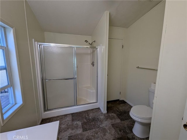 16121 Golf Rd, Cobb, CA 95426 - full bathroom featuring a shower stall and stone finish flooring