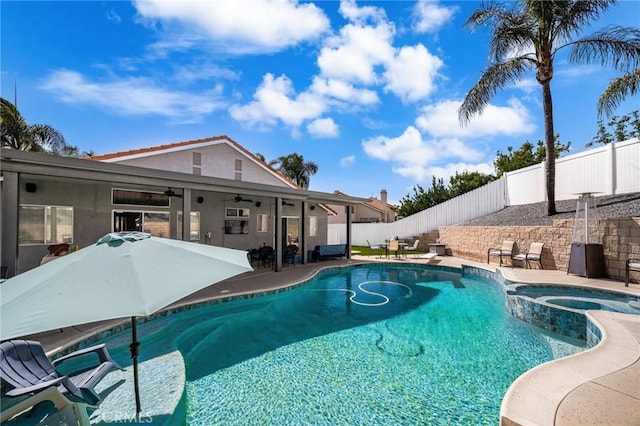 9228 Whiting Way, Riverside, CA 92508 - view of pool with a fenced backyard, a ceiling fan, a patio area, and a pool with connected hot tub