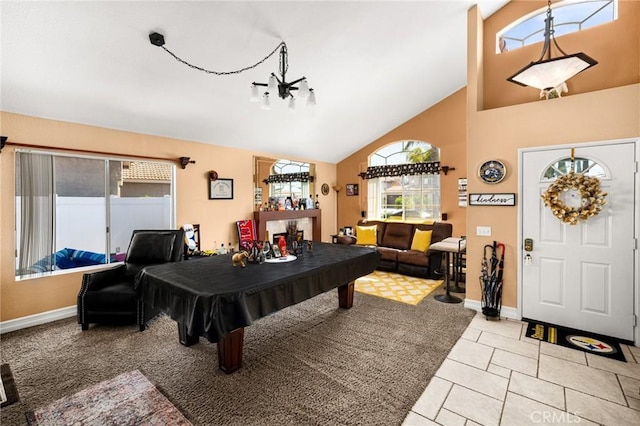 9228 Whiting Way, Riverside, CA 92508 - game room with billiards, high vaulted ceiling, and tile patterned flooring