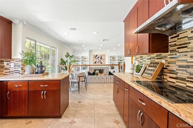 21557 Ambushers St, Diamond Bar, CA 91765 - kitchen featuring range hood, black electric cooktop, decorative backsplash, light stone countertops, and light tile patterned flooring