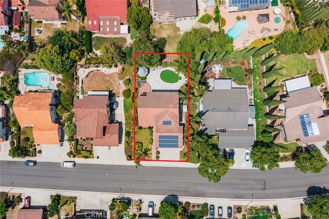 21557 Ambushers St, Diamond Bar, CA 91765 - aerial view of residential area featuring a pool area and property parcel outlined