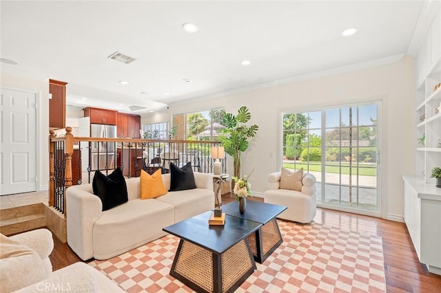 21557 Ambushers St, Diamond Bar, CA 91765 - living area featuring recessed lighting, light wood finished floors, and ornamental molding