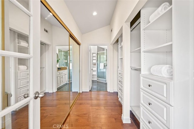 21557 Ambushers St, Diamond Bar, CA 91765 - corridor featuring hardwood / wood-style flooring, vaulted ceiling, and recessed lighting