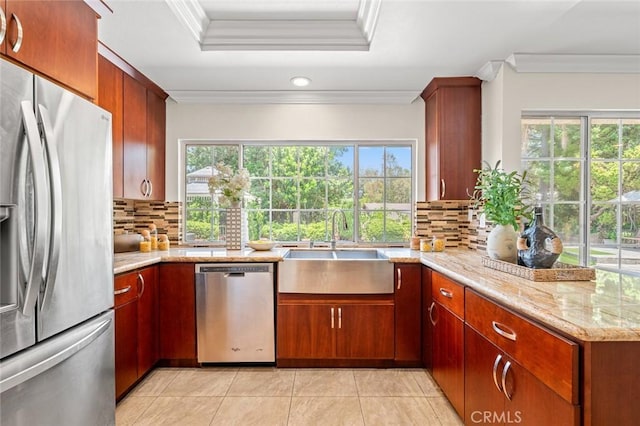 21557 Ambushers St, Diamond Bar, CA 91765 - kitchen featuring stainless steel appliances, crown molding, light tile patterned flooring, backsplash, and light stone counters