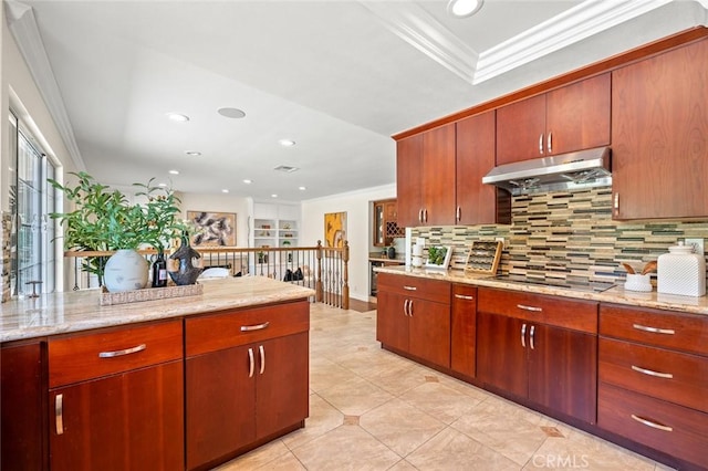 21557 Ambushers St, Diamond Bar, CA 91765 - kitchen featuring under cabinet range hood, black electric stovetop, decorative backsplash, crown molding, and light stone countertops