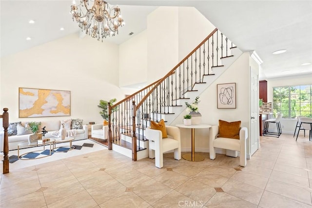 21557 Ambushers St, Diamond Bar, CA 91765 - stairway featuring recessed lighting, tile patterned flooring, a chandelier, and a high ceiling