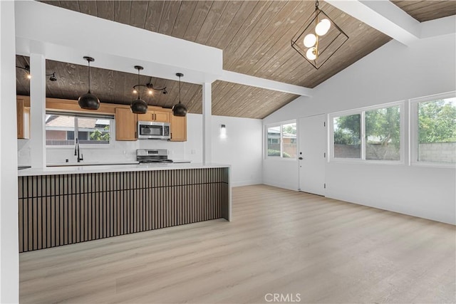 12302 Beaty Ave, Norwalk, CA 90650 - kitchen featuring appliances with stainless steel finishes, light wood-style flooring, light countertops, open floor plan, and wood ceiling