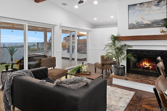 4704 Jumano Ave, San Diego, CA 92117 - living room featuring vaulted ceiling, a high end fireplace, recessed lighting, and a ceiling fan