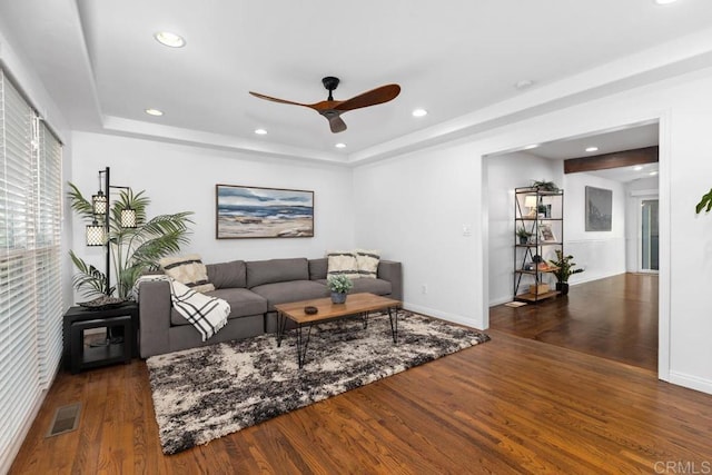 4704 Jumano Ave, San Diego, CA 92117 - living room with a raised ceiling, ceiling fan, wood finished floors, and recessed lighting