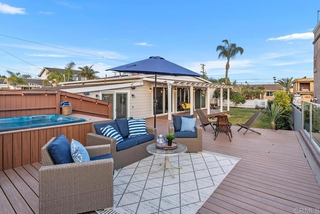 4704 Jumano Ave, San Diego, CA 92117 - wooden terrace featuring a hot tub, a fenced backyard, an outdoor living space, and a pergola