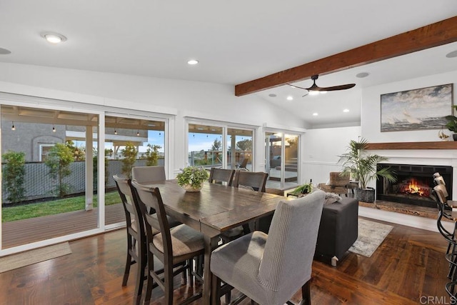 4704 Jumano Ave, San Diego, CA 92117 - dining space with a warm lit fireplace, recessed lighting, wood finished floors, and ceiling fan