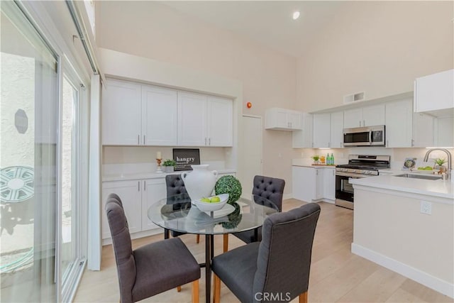 20759 E Crest Ln Unit B, Walnut, CA 91789 - kitchen with stainless steel appliances, high vaulted ceiling, white cabinets, light countertops, and light wood finished floors