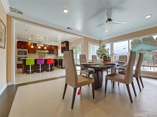 2903 Parkview Dr, Alhambra, CA 91803 - dining room with a ceiling fan, ornamental molding, recessed lighting, and light tile patterned floors