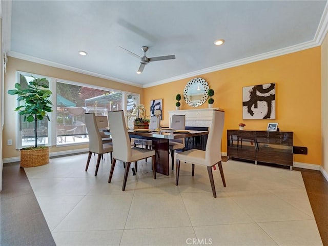 2903 Parkview Dr, Alhambra, CA 91803 - dining room with crown molding, ceiling fan, light tile patterned flooring, and recessed lighting