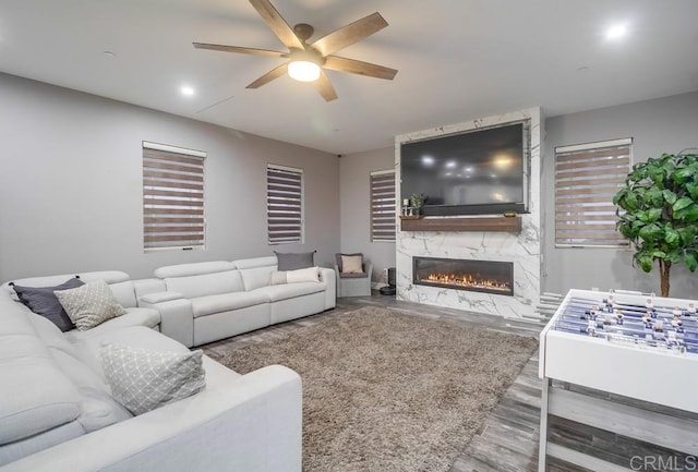 2184 Pacific Crest Dr, Alpine, CA 91901 - living room featuring a ceiling fan, wood finished floors, a fireplace, and recessed lighting